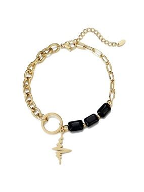 Gold plated Chain Bracelet with Black Beads and Pulse Charm